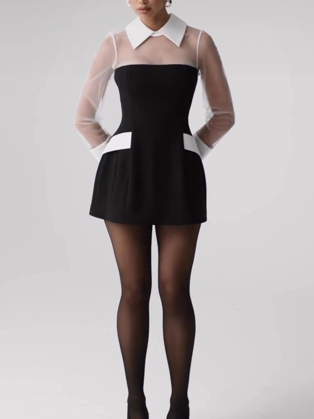 Naked wardrobe Black White Mini with Sheer chiffon Panel cuff Sleeve Sz small - Picture 3 of 8